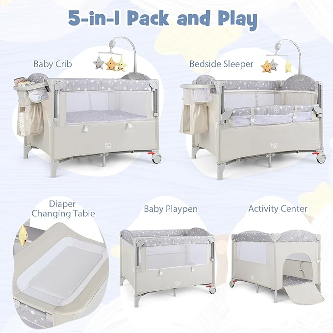 BABY JOY 5-in-1 Pack and Play, Portable Baby Bedside Sleeper with Bassinet, U-Shaped Diaper Changer, Safety Strap, Side Zipper Entrance, Hangings, Bedside Crib Playard from Newborn to Toddlers (Beige)