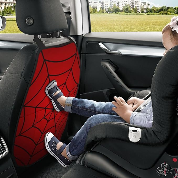 Red Spider Web Car Kick Mats Back Seat Protector 2 Pack Auto Seat Back Covers with 3 Organizer Travel Accessories Universal Vehicle Interior from Dirt, Mud