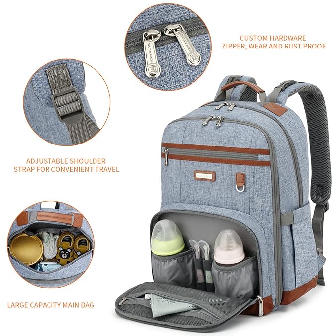 Diaper Bag Backpack, Large Baby Nappy Bags with Portable Changing Pad for Boys and GirlsMultifunction Travel Baby Bag for Moms Dads, Shower Gifts Waterproof and Stylish,Light Blue