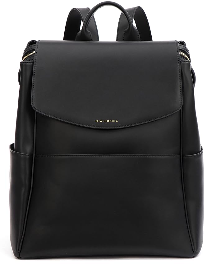 MIA + SOPHIA Leather Diaper Bag Backpack with USB Charging port, Changing Pad, Stroller Straps, and Bottle Holder (Black Olivia)