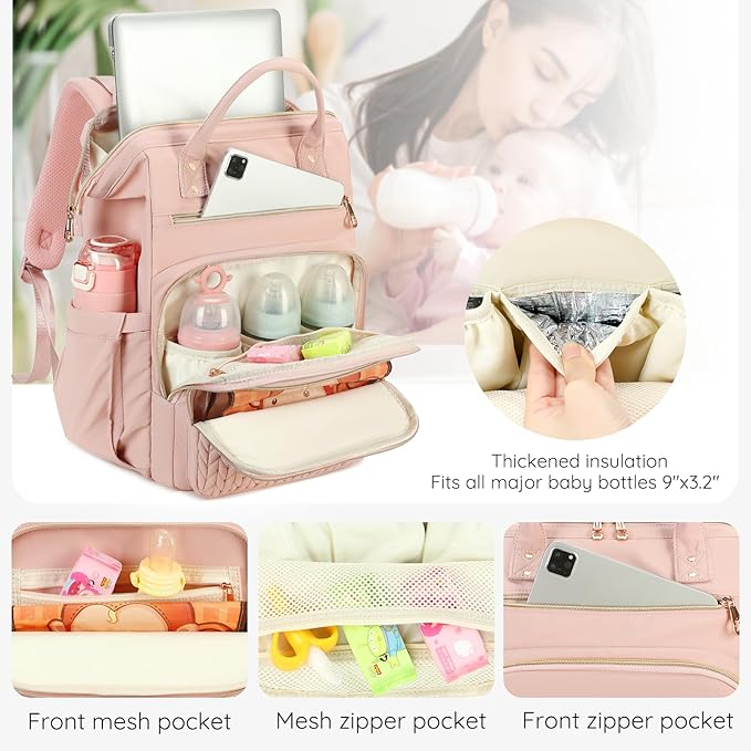 AIJIEKE Diaper Bag, Large Wide-Open Baby Diaper Backpack, Multi-functional Baby Travel Tote Bag, Diaper Bag with Changing Pad, Diaper Bags for Mom & Maternity (Pink)