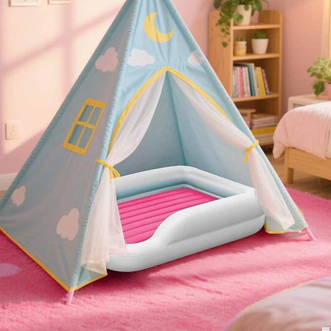 COMMOUDS Portable Toddler Travel Bed with Safety Bumpers, Inflatable Kids Air Mattress with Electric Pump, Baby Blow up Mattress, for Grandma's Home Camping Vacation