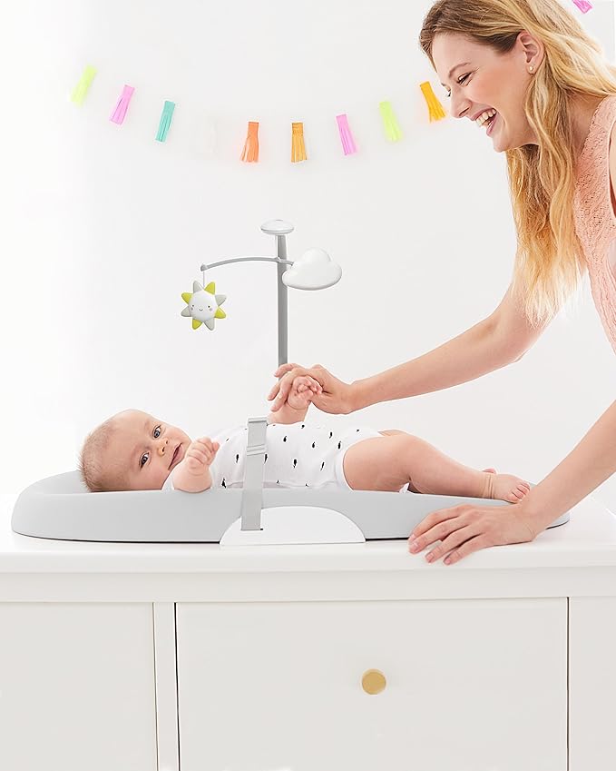 Skip Hop Baby Changing Pad Nursery Style Wipe-Clean Contoured with Cushioned Foam, Non-Skid Base, Built-in Safety Belt & Tuck-Away Toy Bar, Grey