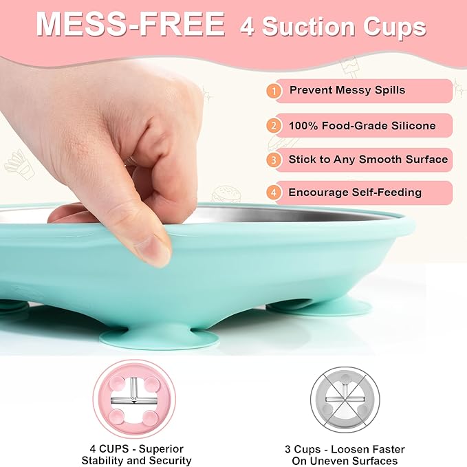 Stainless Steel Toddler Plates Silicone Suction,3 Packs Non-Slip Baby Plates,Divided Portion,Food-Grade Silicone Plate for Kids,LEAD-FREE Dishwasher Safe,Grey Green Pink