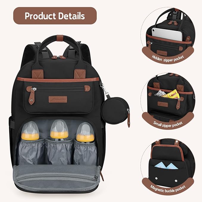 Maelstrom Diaper Bag Backpack,Baby Bag,23L-30L Expandable Diaper Backpack for Mom Dad,Travel Essentials Baby Bag with Changing Pad&Stroller Clips & Pacifier Bag,Black
