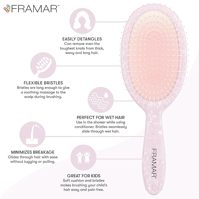 FRAMAR Iridescent Wet Hair Brush Detangler – Detangle Brush For Curly Hair, Hair Detangler Brush For Kids, Holographic Girls Hair Brush, Pink Hairbrush For Women – Removes Knots Without Pulling