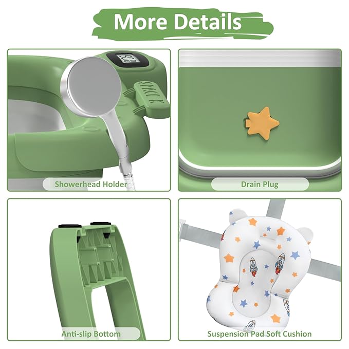 Collapsible Baby Bathtub, Baby Bath Tub for Newborn to Toddler with Floating Cushion for Bath Support, Portable Baby Tub for Infants with Temp Monitor, 0-36 Months Baby Bath Essentials, Green