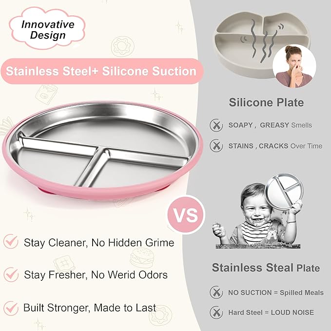 Bella's Friends Stainless Steel Baby Plates with Suction 3 Pack, 9” Divided Toddler Plates with Removable Silicone Sleeves for Mess-Free Feeding, Non-Toxic, Non-Slip, Dishwasher Safe, Green,Blue,Gray