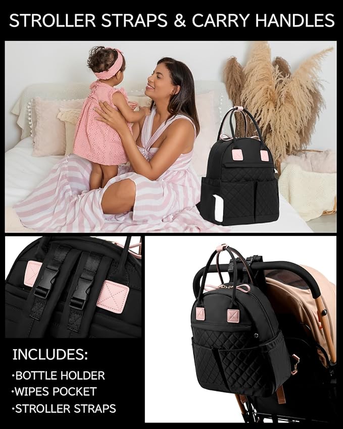 18 Pockets Diaper Bag Backpack with Waterproof Pockets and Stroller Buckle, Convertible Tote Bag (Black-pink, Medium)
