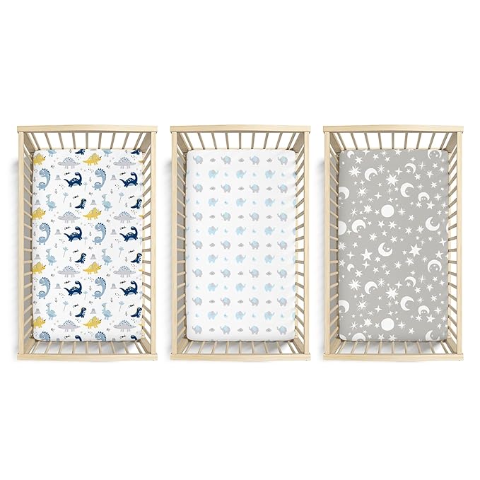 Plushii Crib Sheets for Baby Boys 3 Pack, 28"x 52" Extra Soft Microfiber Crib Sheet Set for Baby Crib Mattress Sheet & Toddler Mattress Pad, Dinosaur & Elephant & Stars
