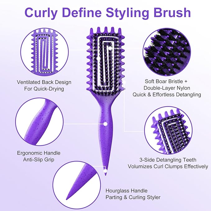 2-Pack Curly Hair Brush, Curl Defining Brush with Soft Boar Bristles Detangling Tangled Glides, Wide-Teeth Design Effortlessly Shaping & Defining Curls, Curling Definer for Wet & Dry Hair(Pink Purple)