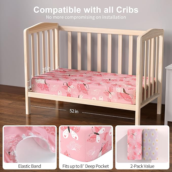 Baby Crib Sheets 2 Pack for Boys and Girls Fit for Standard Crib Toddler Mattress Breathable Soft Microfiber Baby Sheet 28x52x8in(Daisy & Black Butterfly)