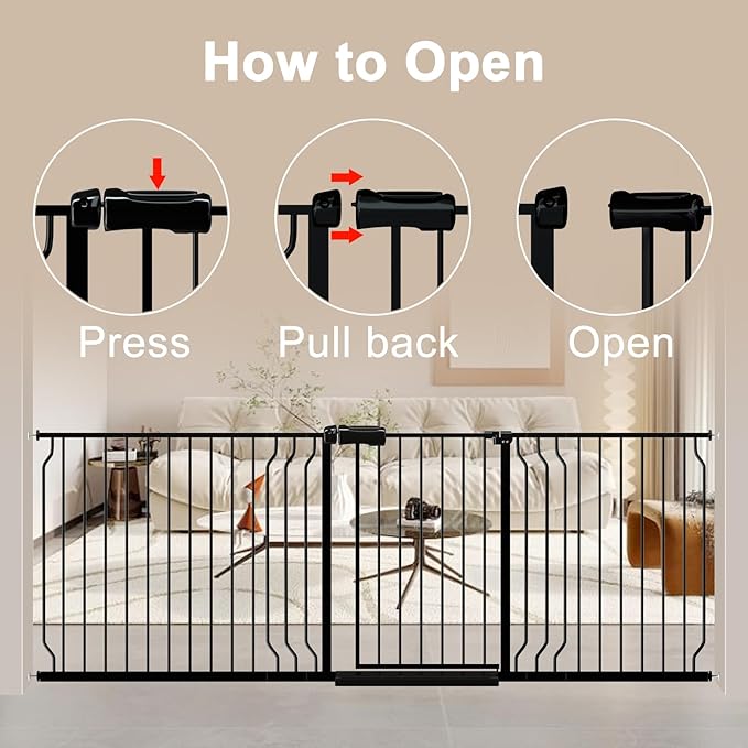 WAOWAO Baby Gate 85.83-95.24" Extra Wide Pressure Mounted Walk Through Swing Auto Close Safety Black Metal Toddler Kids Child Dog Pet Puppy for Stairs,Doorways,Kitchen