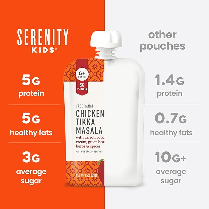 Serenity Kids 6+ Months Chicken Tikka Masala Baby Food Puree Pouches - High Protein Ethically Sourced Chicken & Organic Veggies - BPA-Free Toddler Pouches - 3.5 Oz, 12 Pack
