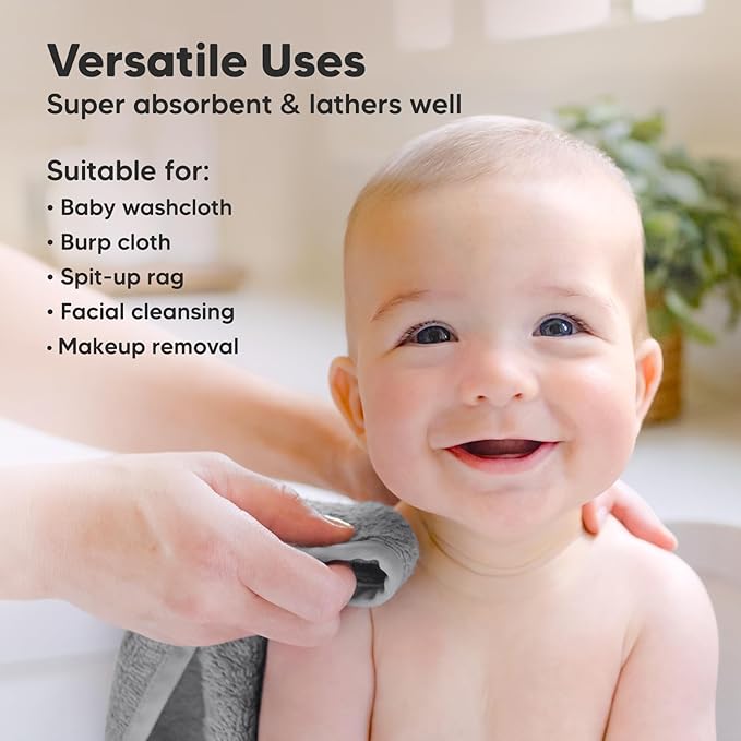 6-Pack Soft Baby Washcloths, Viscose from Bamboo - Kids, Newborn Bath Towels, Infant Shower, Toddler Reusable Face Towel, Gentle on Skin, Face Wash Cloths for Babies, 10x10 (Cool Gray)