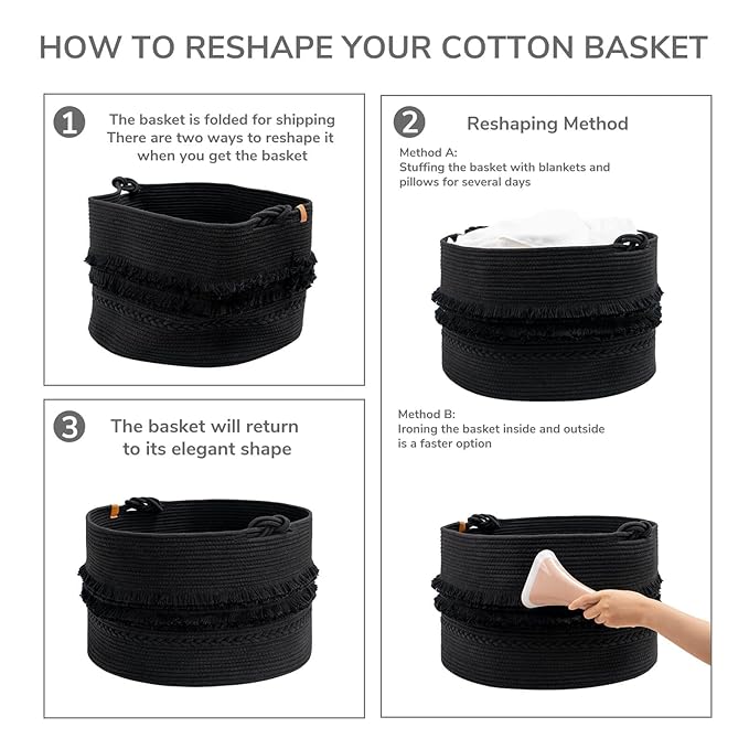 CherryNow 22"x22"x14" Large Blanket Basket, Home Décor for Living Room Bedroom, Boho Decorative Laundry Basket for Clothes, Baby Toy Storage, Black