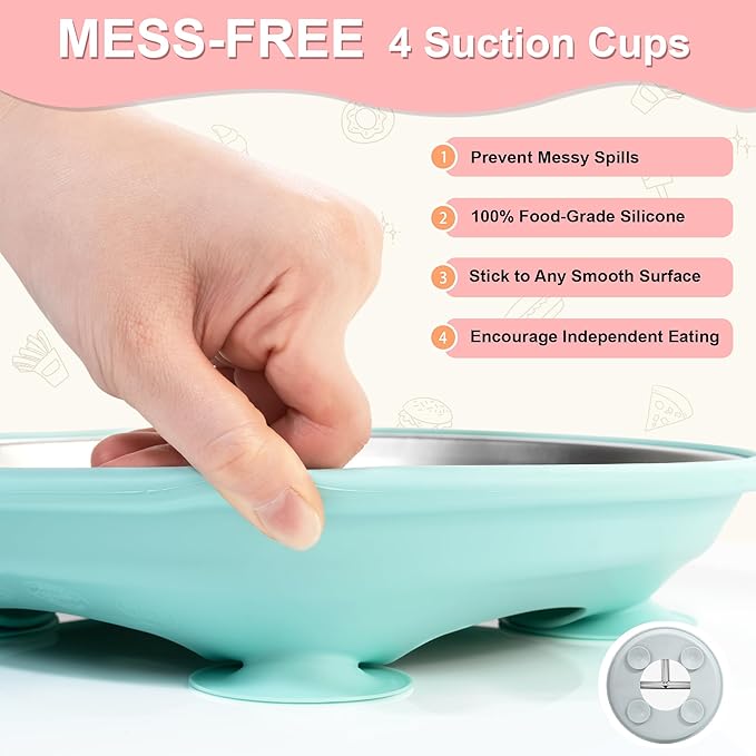 Bella's Friends Stainless Steel Baby Plates with Suction 3 Pack, 9” Divided Toddler Plates with Removable Silicone Sleeves for Mess-Free Feeding, Non-Toxic, Non-Slip, Dishwasher Safe, Green,Blue,Gray