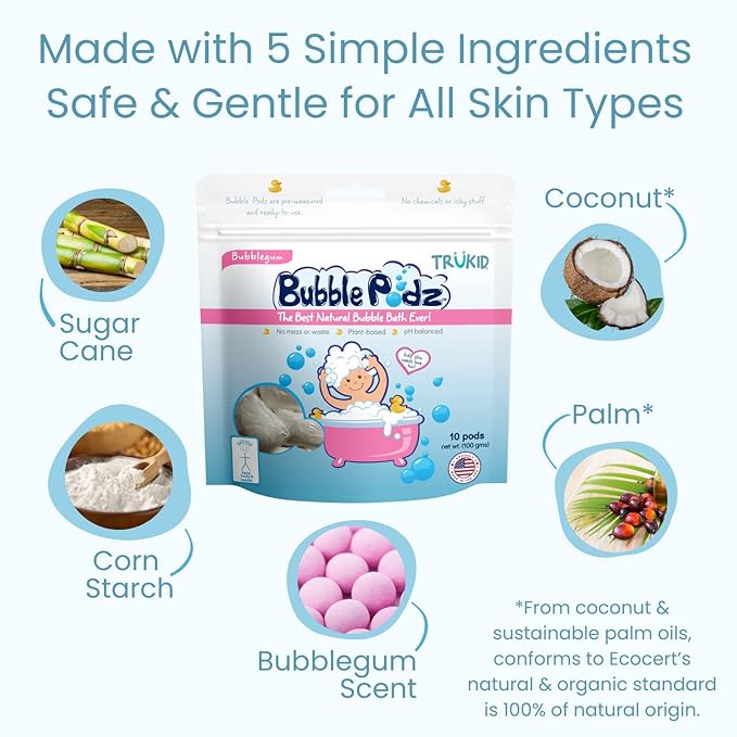 TruKid Bubble Podz Bubble Bath for Kids, Toddlers, & Babies, Tear Free Gentle & Refreshing Bath Bomb for Sensitive Skin with Natural Moisturizers, Non-Toxic, pH Balanced, Bubble Gum Scent (24 Podz)