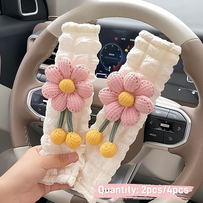 Cute Flower Seat Belt Cover Pads, 2 Pcs & 4 Pcs Seatbelt Covers for Women Adults, Car Seat Strap Pads, Seatbelt Cushion (Pink,4)