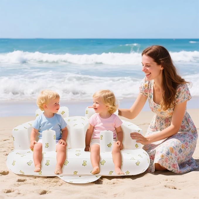 Baby Inflatable Seat for Twins Babies 3 Month and Up, Side-by-Side Double Inflatable Floor Chair for Sitting Up with Built in Air Pump, Blow Up Baby Chair for Infants - Twins Bear