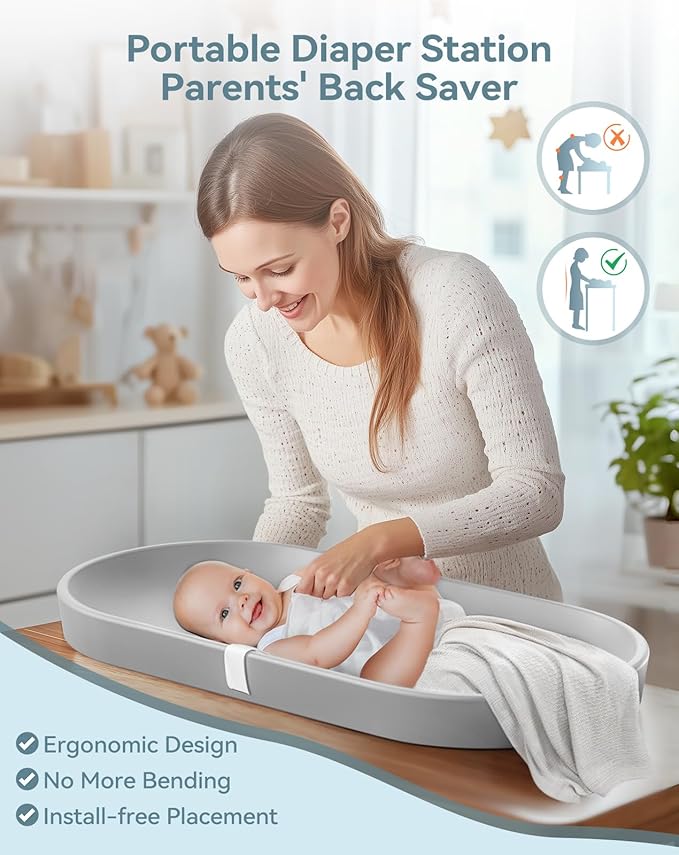 COMOMY Baby Changing Pad for Dresser - Wipeable Changing Pad with Restraining Belt, Waterproof, Soft, Lightweight and Portable, Easy to Clean for On The Go Diaper Change, Light Grey