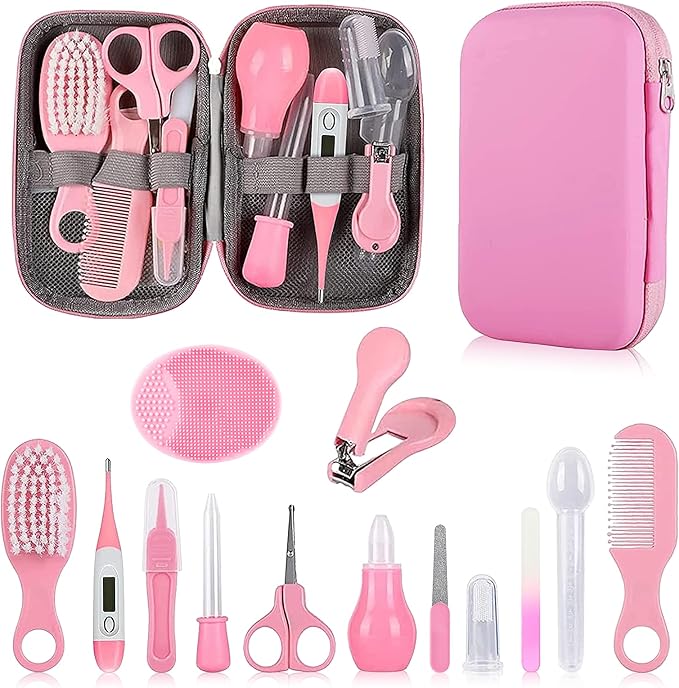 Baby Grooming Kit, Infant Safety Care Set with Hair Brush Comb Nail Clipper Nasal Aspirator,Baby Essentials Kit for Newborn Girls Boys (Pink Baby Grooming kit)