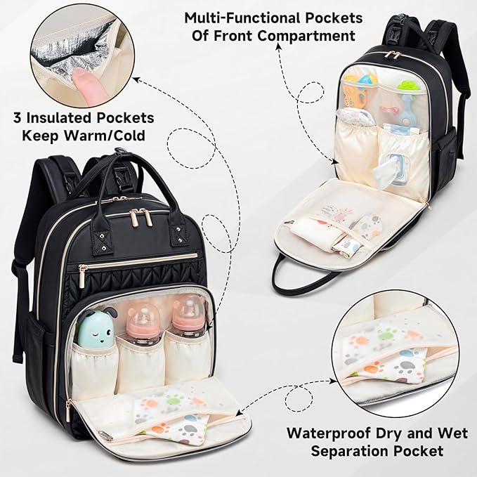 Diaper Bag Backpack,Stylish Baby Diaper Bag,Waterproof Travel Diaper Backpacks Baby Bags with Changing Pad,Stroller Straps,Insulated Pockets (Black)