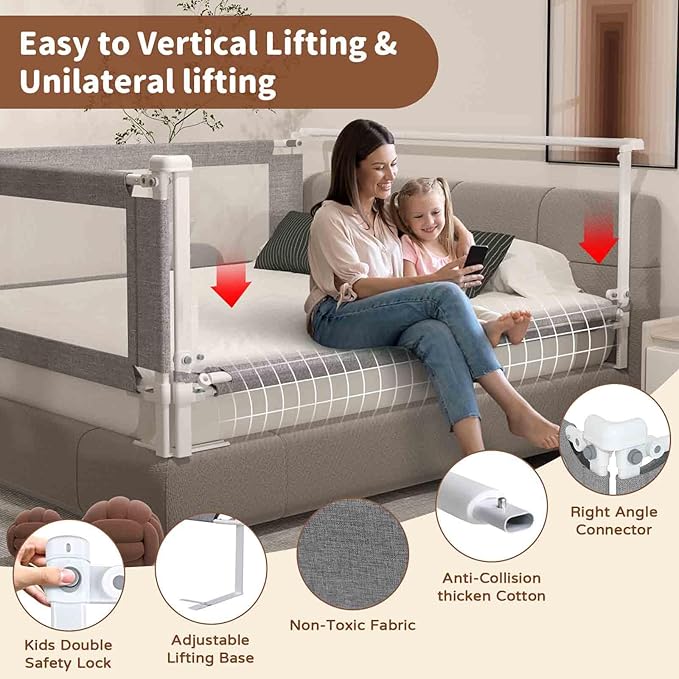 3-Piece Twin Size Bed Rail for Toddlers - Height Adjustable Baby Bed Rail Guard with Headboard Rod,Safety Bed Rails for Twin Size Bed with Child Lock(39x74.8x74.8 Inch)