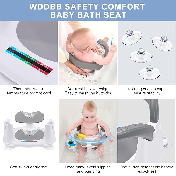 Baby Bath seat for Babies 6 Months & up, 360° Stable Toddler Bath Chair with one-Touch Button, Back Hollow Design, Water Temperature Card & 4 Suction Cups for Safety (Gray)