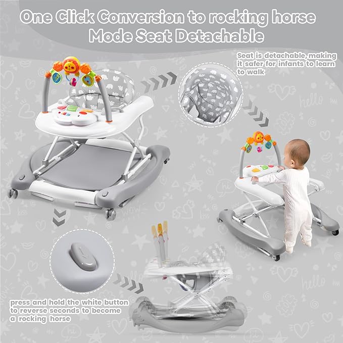 Baby Walker, 5 in 1 Baby Walkers for Boys Girls 6-12 Months, Foldable Walkers for Babies with Bouncer & Feeding Tray, Music, Adjustable Heights, Activity Walker for Infant