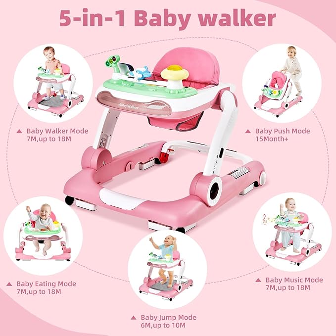 Music and Lights Baby Walker with Wheels,5-in-1 Baby Activity Center with Removable Toys and Music Bouncer,Adjustable Height Baby Walkers for Boys Girls Babies 6-18 Months