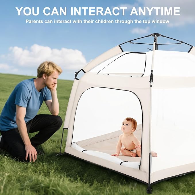 Portable Baby Playpen with Canopy, Infant Play Yard, Beach Tent, Mosquito Net for Indoor and Outdoor (Beige)