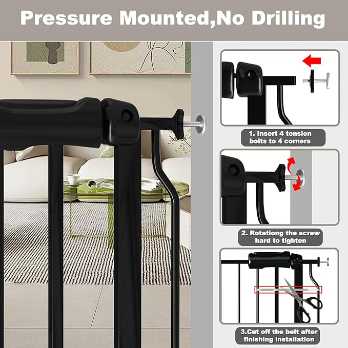 Fairy Baby Extra Wide Baby Gate 48-53 Inch Wide, Walk Through Pressure Mounted No Drill, Long and Large Tension Gate for Pet and Kids, Black