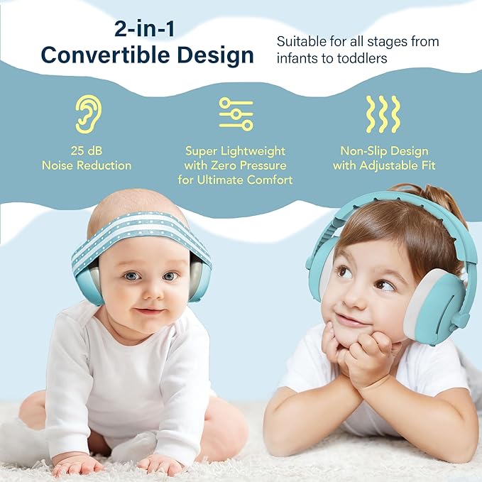 2-in-1 Baby Ear Muffs for Hearing Protection, Noise Cancelling Earmuffs for Babies and Toddlers up to 48 Months