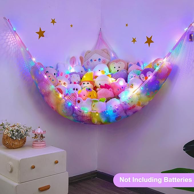 Unicorn Castle Stuffed Animals Net or Hammock Kids Toy Storage Organizer with LED Light Hanging Corner Stuffed Animals Holder Kids Girls Room Decor,Rainbow-A,XL-Large-Pack of 1
