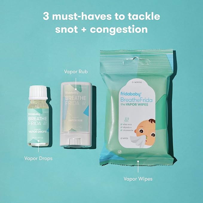 Frida Baby Breathe Easy Kit Sick Day Baby Essentials - 3pc Set Includes Vapor Wipes, Vapor Rub + Organic Vapor Drops to Help Baby Breathe Easy, Natural Baby Congestion Relief