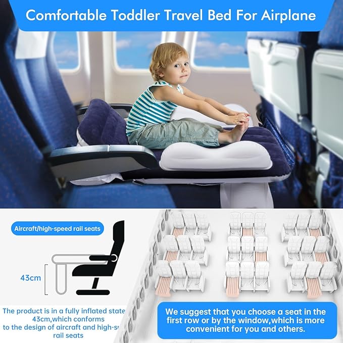 Inflatable-Toddler-Travel-Bed for Airplane Car Seat Portable Foldable Infant Travel Bed Baby Travel Crib with Sides,Hand Pump Safety Belt and Carry Bag Sets