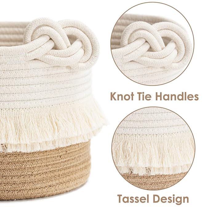 CherryNow Small Woven Storage Baskets Cotton and Jute Rope Decorative Hamper for Diaper, Blankets, Magazine and Keys, Cute Tassel Nursery Decor - Home Storage Container – 9.5'' x 7''