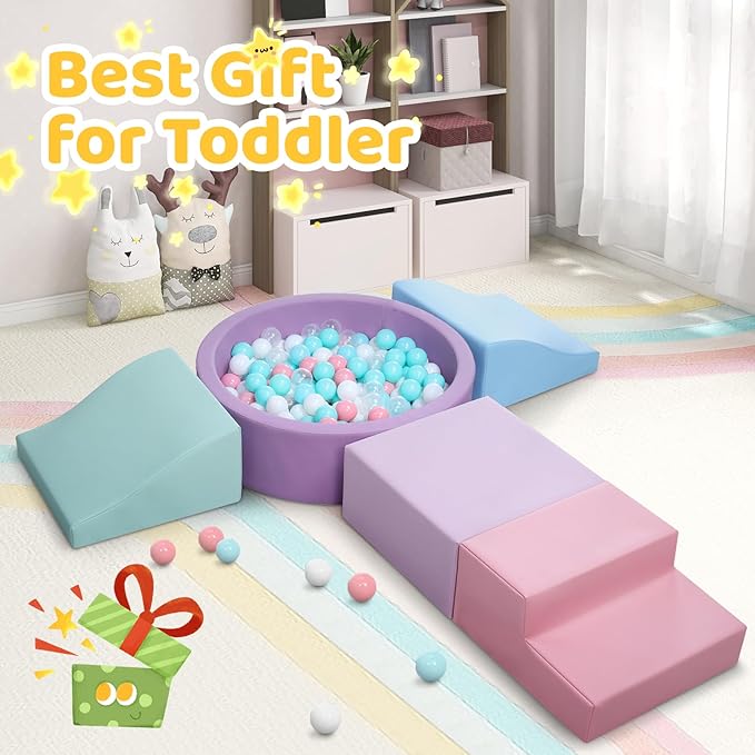 Foam Climbing Blocks for Toddler: with 4-Piece PU Leather Climbing Toys and a Ball Pit - Foam Ball Pit for Toddlers - Climbing Toys Indoor for Kids Crawling (Purple Climbing Blocks)