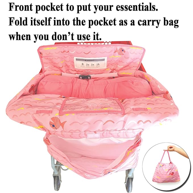 Soft Pillow Attached 2-in-1 Shopping Cart and High Chair Cover for Baby, Cotton Padded Cart Cover, Fold'n Roll Style, Portable with Carry Bag (Pink Fish)