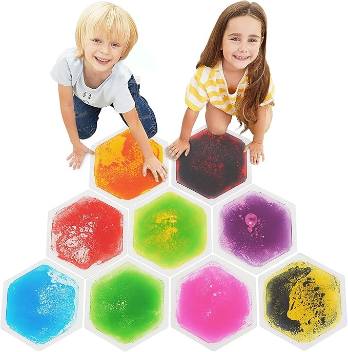 Special Supplies Hexagon Floor Liquid Tiles for Kids, Set of 9, Colorful Early Learning Activity Mats for Toddlers and Children, Anti-Slip Backing for Active Play, Dance, and Games