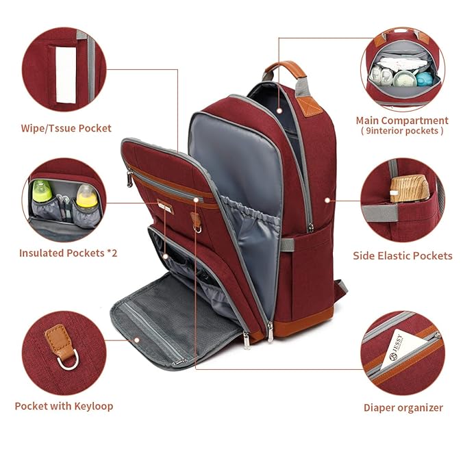Diaper Bag Backpack, Large Baby Nappy Bags with Portable Changing Pad for Boys and GirlsMultifunction Travel Baby Bag for Moms Dads, Shower Gifts Waterproof and Stylish,Red