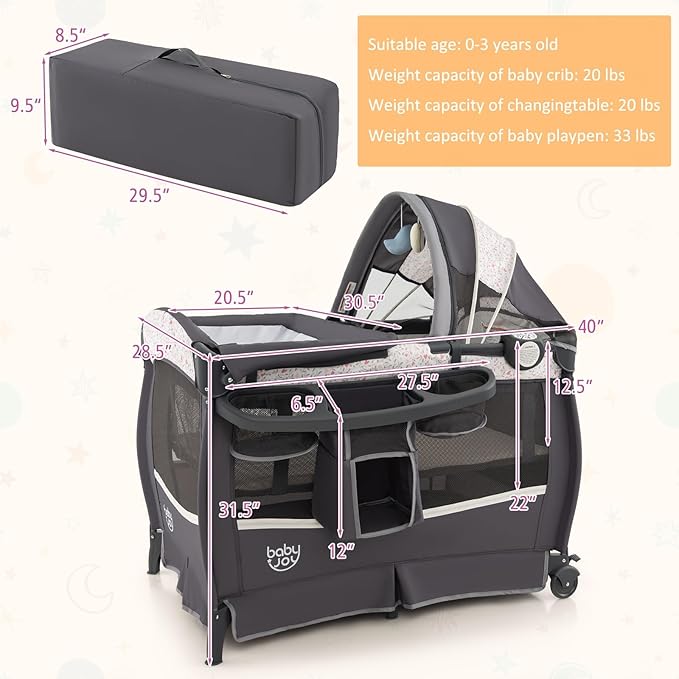 BABY JOY 4 in 1 Pack and Play, Portable Baby Playard with Bassinet & Flip-away Changing Table, Canopy, Infant Bassinet Activity Center with Storage Basket, Oxford Bag from Newborn to Toddlers (Floral)