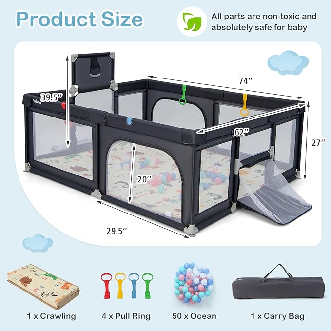 INFANS Baby Playpen, 74” x 62” Extra Large Baby Play Yard with Crawling Mat, 50 Ocean Balls, 4 Pill Up Rings, Basketball Hoop and 2 Football Gates for Toddlers, Indoor Activity Center (Dark Gray)