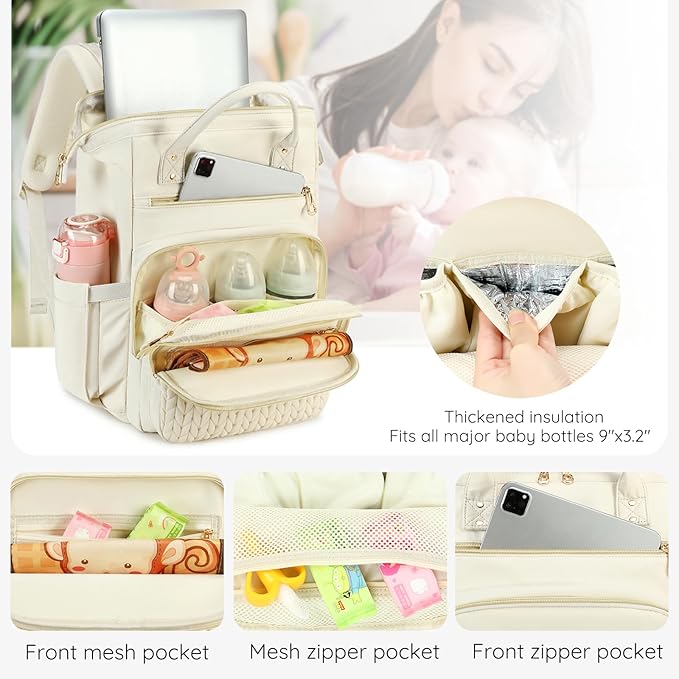 AIJIEKE Diaper Bag, Large Wide-Open Baby Diaper Backpack, Multi-functional Baby Travel Tote Bag, Diaper Bag with Changing Pad, Diaper Bags for Mom & Maternity (Beige)