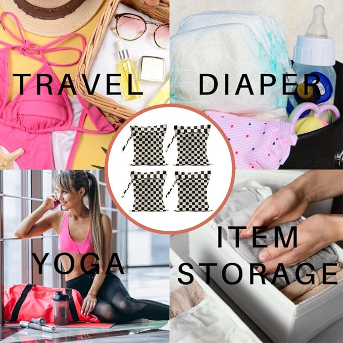 4 Pack Cute Wet Bag Waterproof Washable Reusable Wet Dry Bag for Swimsuit Clothes Cloth Diaper Travel Beach Pool Yoga Gym Halloween Party Camping Toiletries Travel Beach Essentials, Black Checkered