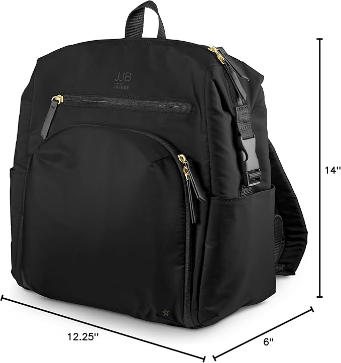 JJB by JuJuBe Modern Diaper Bag Backpack with Portable Changing Pad, Stroller Straps, Large Travel Backpack for Boy or Girl, Carrying Baby Bottles, Wipes, Diapers, Pacifiers, Black, Mother's Day Gift