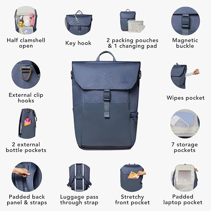 Huhu Diaper Bag Backpack – Large Baby Bag for Moms & Dads – Water-Resistant, Unisex Travel Kit for New Parents – Includes Changing Pad and 2 Organizer Pouches (Dusky Blue)
