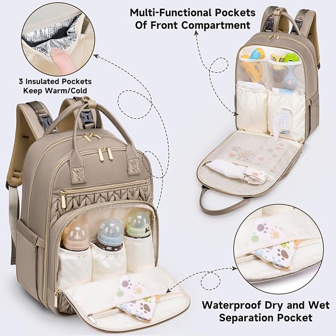 Diaper Bag Backpack,Stylish Baby Diaper Bag,Waterproof Travel Diaper Backpacks Baby Bags with Changing Pad,Stroller Straps,Insulated Pockets (Khaki)