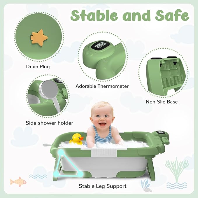 Collapsible Baby Bathtub for Newborn,Baby Tub with Soft Floating Cushion & Thermometer for Infant to Toddler, Portable Travel Bathtub with No-Slip Feet for 0-36 Months-Green